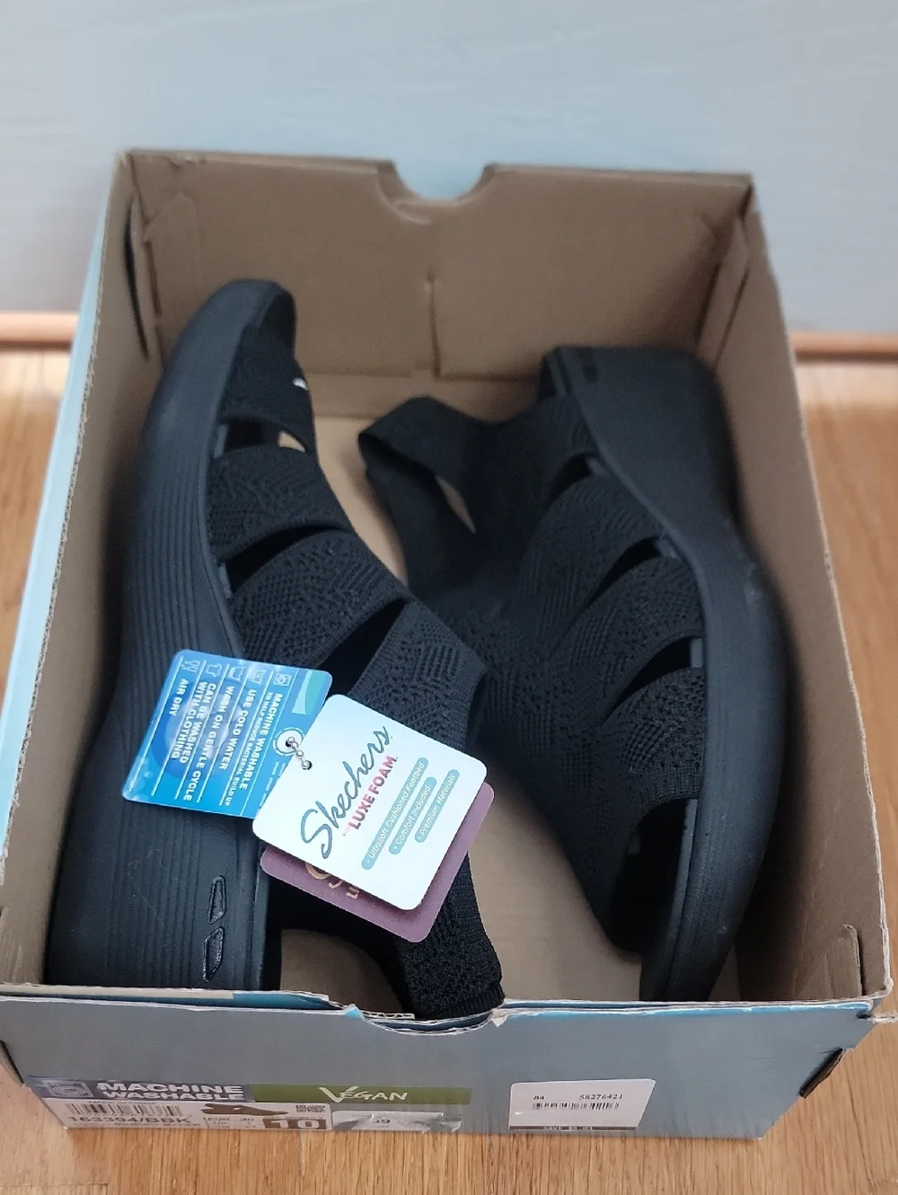 Skechers Black Knit Slingback Wedge Sandals Luxe Foam New Nwt 10